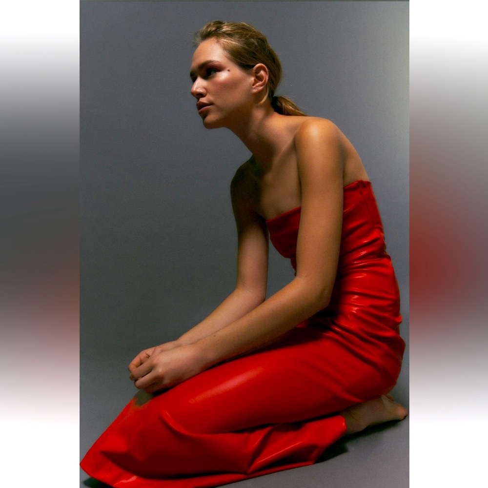 Zara Faux Leather Tube Strapless Dress in Red - NWT